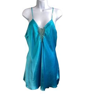 Vintage Beth Michaels Women's Blue Slip Dress Est. Size S Satin Embroidered